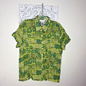 Rene Margo Tropical Floral Button Front Blouse Lime Green Resort Chic Medium
